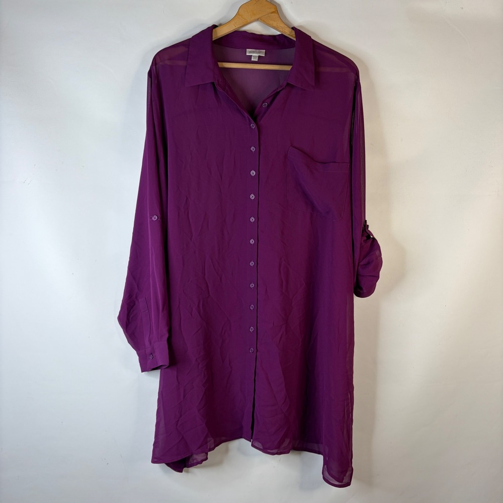Avenue Button Down Tunic Women 26/28 Purple Sheer Roll Tab Sleeve Chiffon Top
